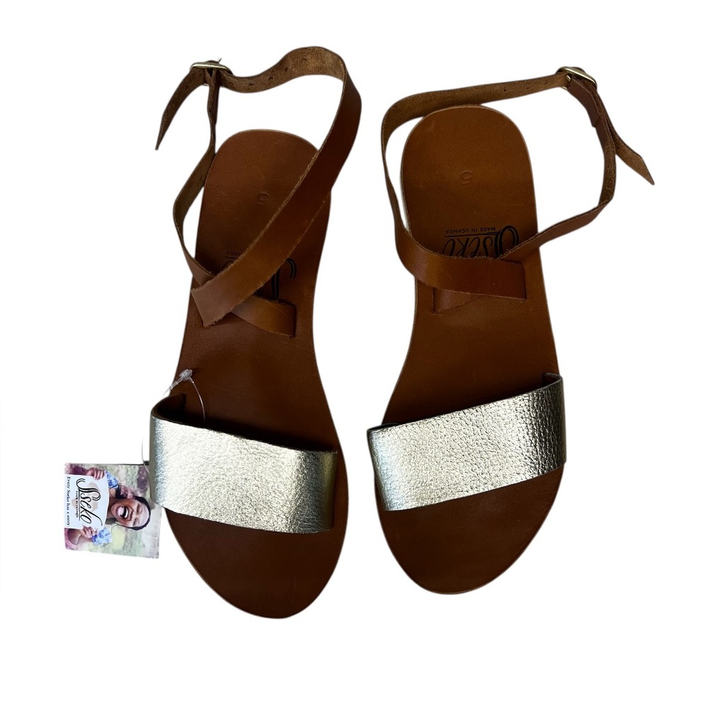 Sseko Rue Leather Gold‎ and Brown Ankle Strap Flat Sandals Size 5